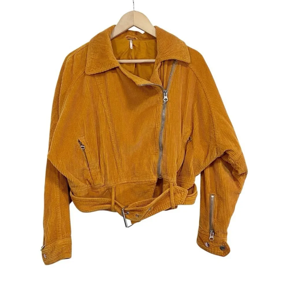 Free People Yellow Corduroy Slouchy Dolman Moto Jacket XS